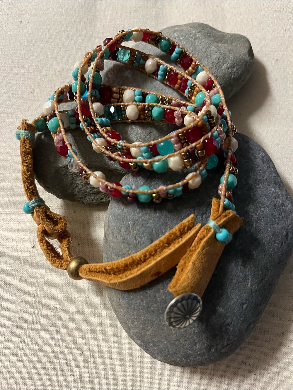 Multicolor Beaded Wrap Bracelet with Turquoise, Red and Cream Accents
